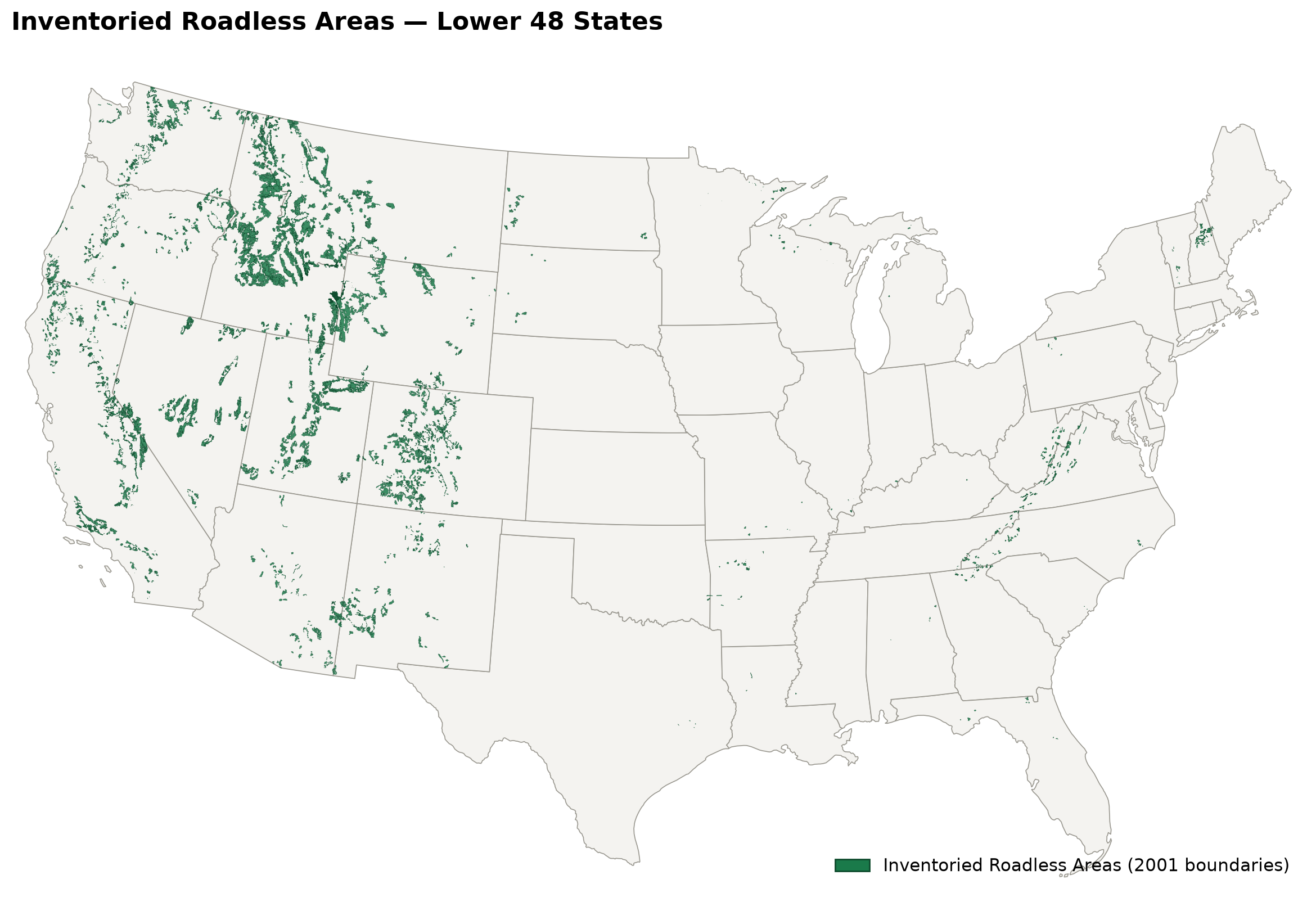 Map of inventoried roadless areas across the Lower 48 states, showing dense concentrations across the Mountain West — Idaho, Montana, Wyoming, Colorado, and Utah — with scattered smaller patches in Appalachia, the Ozarks, and elsewhere.